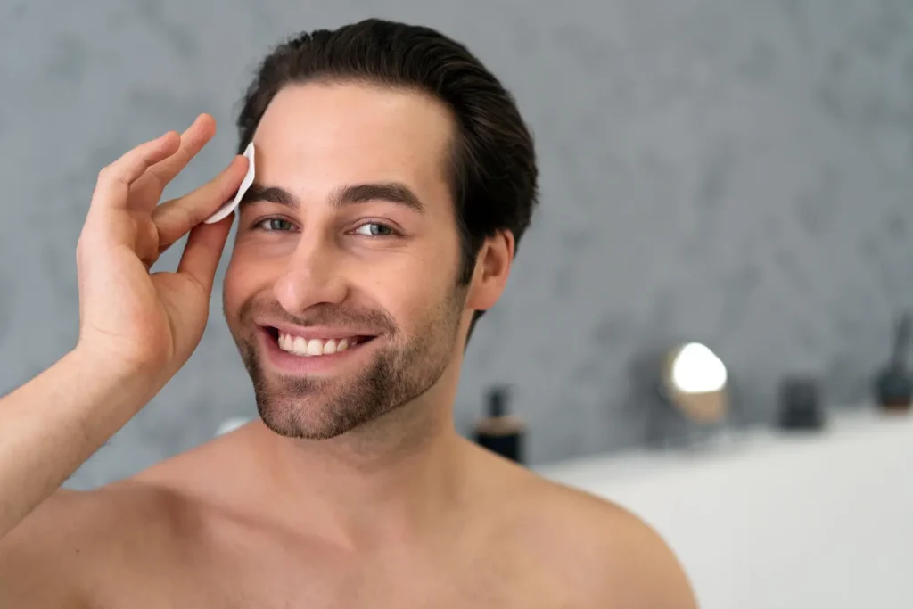 Homem sorrindo passando um disco de algodão no rosto após fazer procedimentos estéticos para homens.