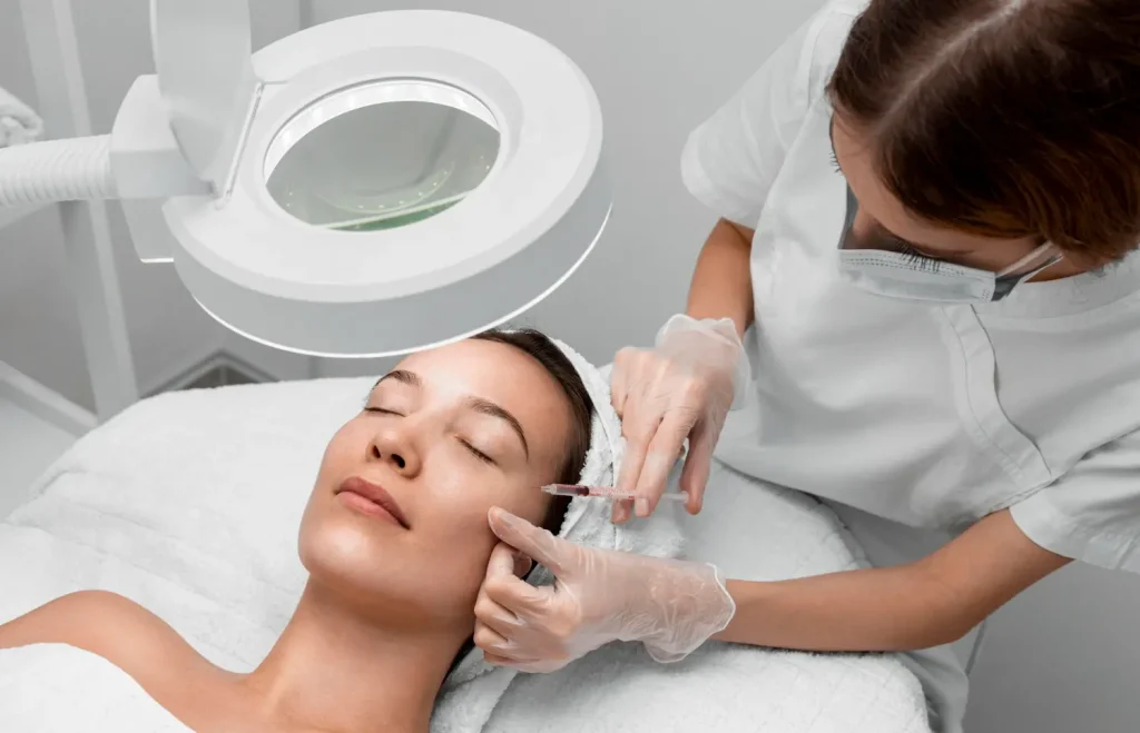 Profissional de estética aplicando preenchimento facial no rosto de sua cliente durante procedimento estético.